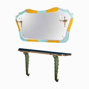 Mid-Century Cristal Art Console Table with Mirror and Sconces, 1950