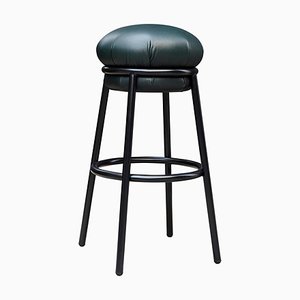 Grasso Stool in Green Leather & Black Lacquered Metal by Stephen Burks