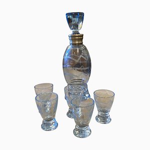 Art Deco Italian Silver and Engraved Blue Glass Liquor Set, 1930s, Set of 6
