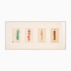 Art Deco Fashion Drawings V, Gouache on Paper, Framed