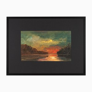 River Landscape, Oil on Canvas, Framed