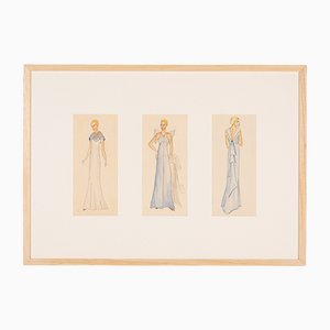 Art Deco Fashion Drawings VI, Gouache on Paper, Framed