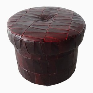 Red Patchwork Leather Stool on Roles with Storage Compartment