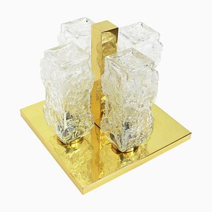 Small Square Brass Ice Glass Flush Mount from Hillebrand, Germany, 1970s