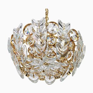Small Gilt Brass and Crystal Glass Encrusted Chandelier by Palwa, Germany 1970s