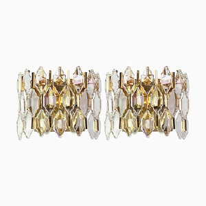 Golden Gilded Brass and Crystal Sconces from Palwa, Germany, 1970s, Set of 2