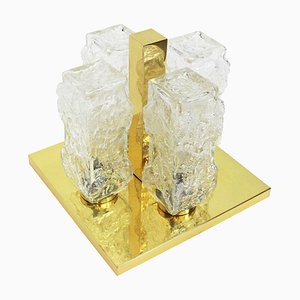 Petite German Square Brass Ice Glass Flush Mount from Hillebrand, 1970s