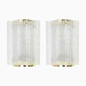 Brass and Ice Glass Wall Sconces by Doria, Germany, 1960s