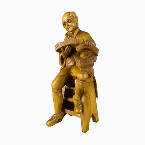 Hand Carved Wooden Figurative Sculpture of a Professor with Books