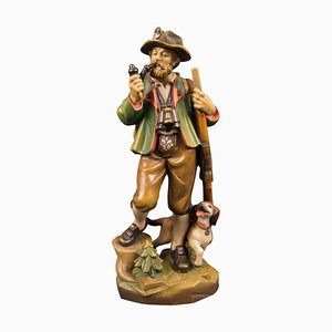 Hand Carved and Hand Painted Wooden Sculpture of a Hunter with Dog