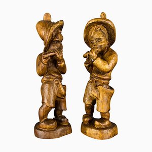 German Hand Carved Wood Figurative Sculptures of Two Boy Musicians, Set of 2