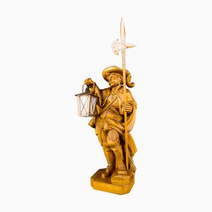 Hand Carved Wooden Sculpture Lamp Depicting Night Watchman with Lantern, Germany