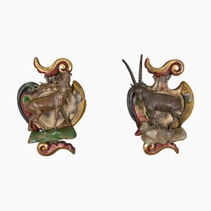 Baroque Style Carved Wood Wall Decorations with Deer and Ibex Figures, Set of 2
