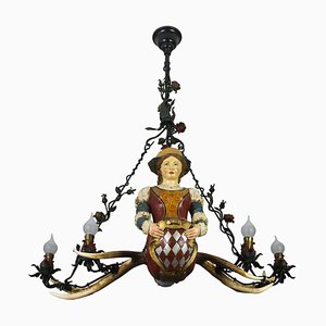 German Lüsterweibchen Four-Light Chandelier with Carved Mermaid Figure and Antlers
