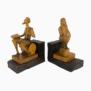 Sculpture Bookends in Hand-Carved Wood of Don Quixote and Sancho Panza, Set of 2