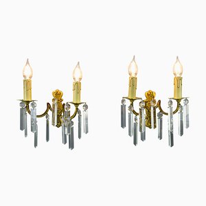 Französische Doppelarmige Französische Wandlampen aus Bronze & Kristallglas, 2er Set