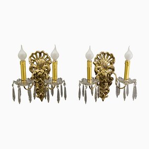 Rococo Style French Carved Wood and Crystal Glass Sconces, Set of 2