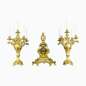 French Louis XV Style Garniture Clock Set in Bronze, Set of 3