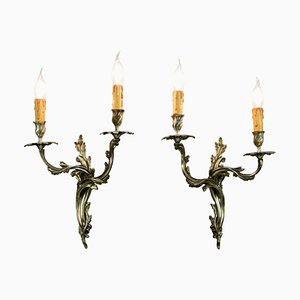 French Rococo Style Silver Color Bronze Two-Light Sconces, Set of 2