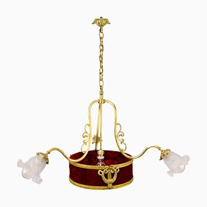 French Belle Époque Four-Light Bronze and Frosted Glass Chandelier