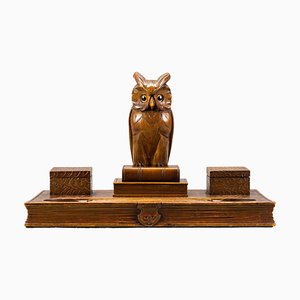 Art Deco Book-Shaped Inkwell with Owl Figure in Hand-Carved Wood, 1930s