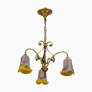 French Art Nouveau Brass and Glass Three-Light Chandelier from Noverdy