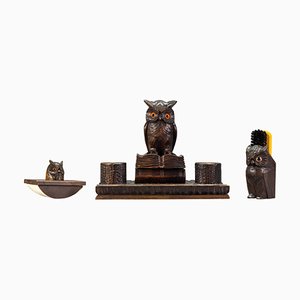 Inkwell Desk Set with Owl Figures in Hand-Carved Wood, 1930s, Set of 3