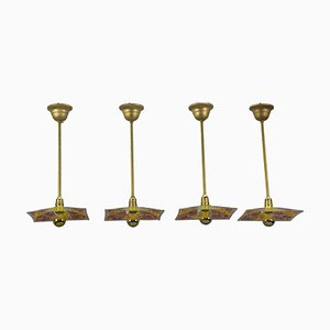 Brass Pendant Lights with Enameled Glass from Loys Lucha, Set of 4