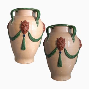 Large Spanish Cerámic Flower Pots with Hangares and Lions in Relif, Set of 2