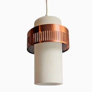 Vintage Opaline and Coppered Metal Ring Ceiling Lamp, 1950s