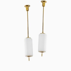 Model 12766 Pendants with Brass Structure and Opal Glass by Angelo Lelii for Arrodoluce, 1950s, Set of 2