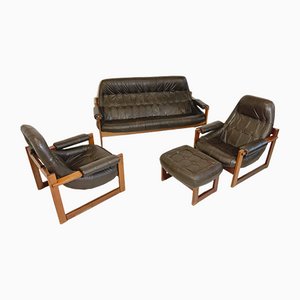 Mid-Century Brazilian Modern Leather & Jatoba Wood Lounge Set by Percival Lafer, 1970s, Set of 4