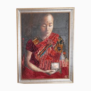 Alejandro Hermann, Tibetan Boy, Mixed Technique, Silk and Organic Textures on Canvas, Gerahmt
