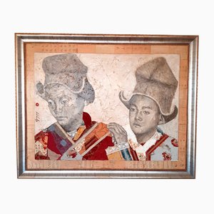 Alejandro Hermann, niños tibetanos, técnica mixta con seda y texturas orgánicas sobre lienzo, enmarcado