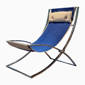 Fauteuil Louisa en Toile Bleue et Cuir Blanc par Marcello Cuneo, Italie, 1970s