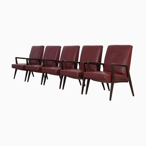 Dark Red Leatherette Armchairs, Italy, 1960s, Set of 5