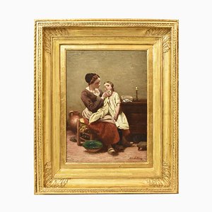 Interior with Mom and Little Girl, 19th-Century, Oil on Canvas, Framed