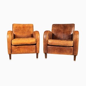 20th Century Art Deco Style Dutch Sheepskin Leather Club Chairs, Set of 2
