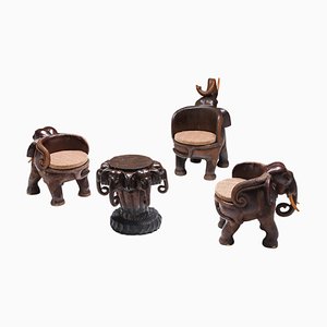 African Elephant Hand-Carved Wood Living Room Set, Set of 4