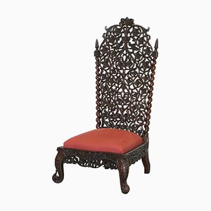 Burmese Rosewood Hand-Carved Floral Ornate High Back Chair, 1880s