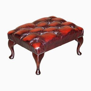 Oxblood Leather Chesterfield & Beech Footstool with Cabriolet Legs