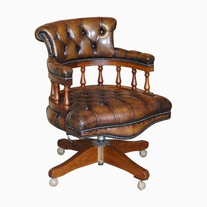Traditional Cigar Brown Leather & Oak Chesterfield Captains Armchair