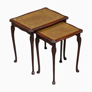 Vintage Hardwood Finish Green Leather Side Tables, Set of 2