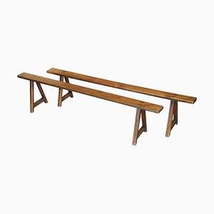 Set of Antique Victorian Fruitwood Trestle Benches for Long Dining Tables