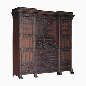 Antique English Jacobean Revival Hand Carved Oak Bureau Bookcase, 1833