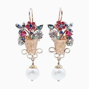 Ruby Sapphire Emeralds Diamond Pearl 14 Karat Rose Gold Dangle Earrings