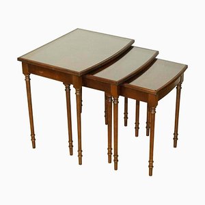 Vintage Brown Hardwood Nest of Tables with Glass Top on Reeded Legs