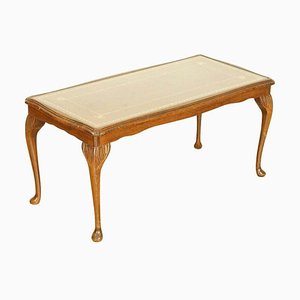 Table Basse Vintage en Cuir Marron avec Pieds Queen Anne