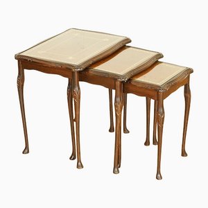 Hardwood Nest of Tables with Queen Anne Style Legs and Brown Embossed Leather Top