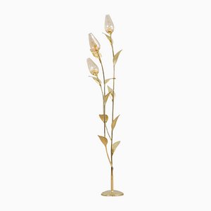 Italian Floral Brass Floor Lamp in the Style of Tommaso Barbi, 1980s